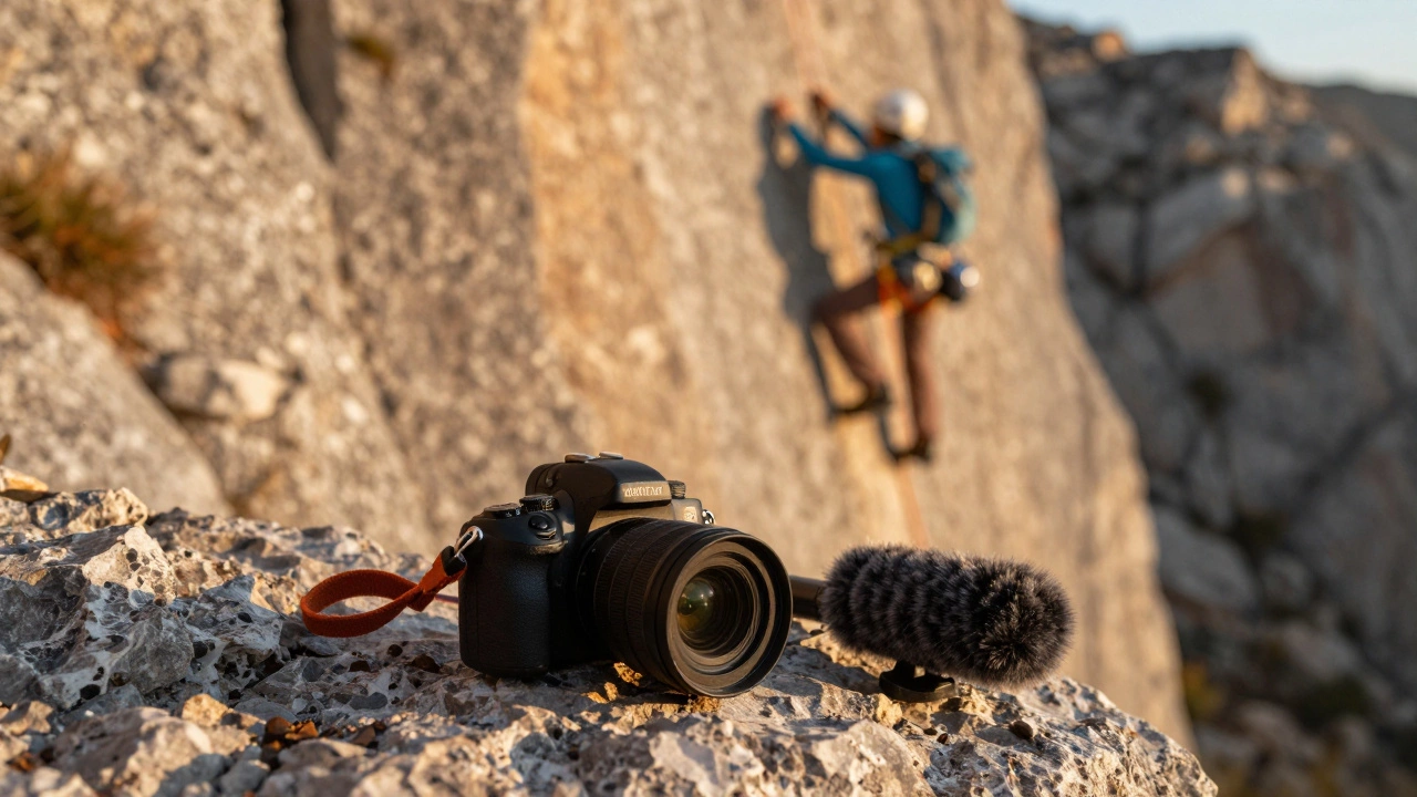 Камера и микрофон на скале на фоне лезущего альпиниста