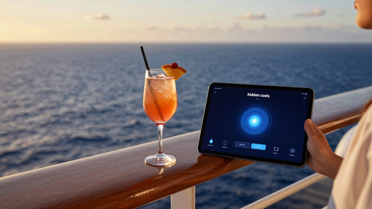 Коктейль и гаджет на балконе лайнера на фоне заката в океане