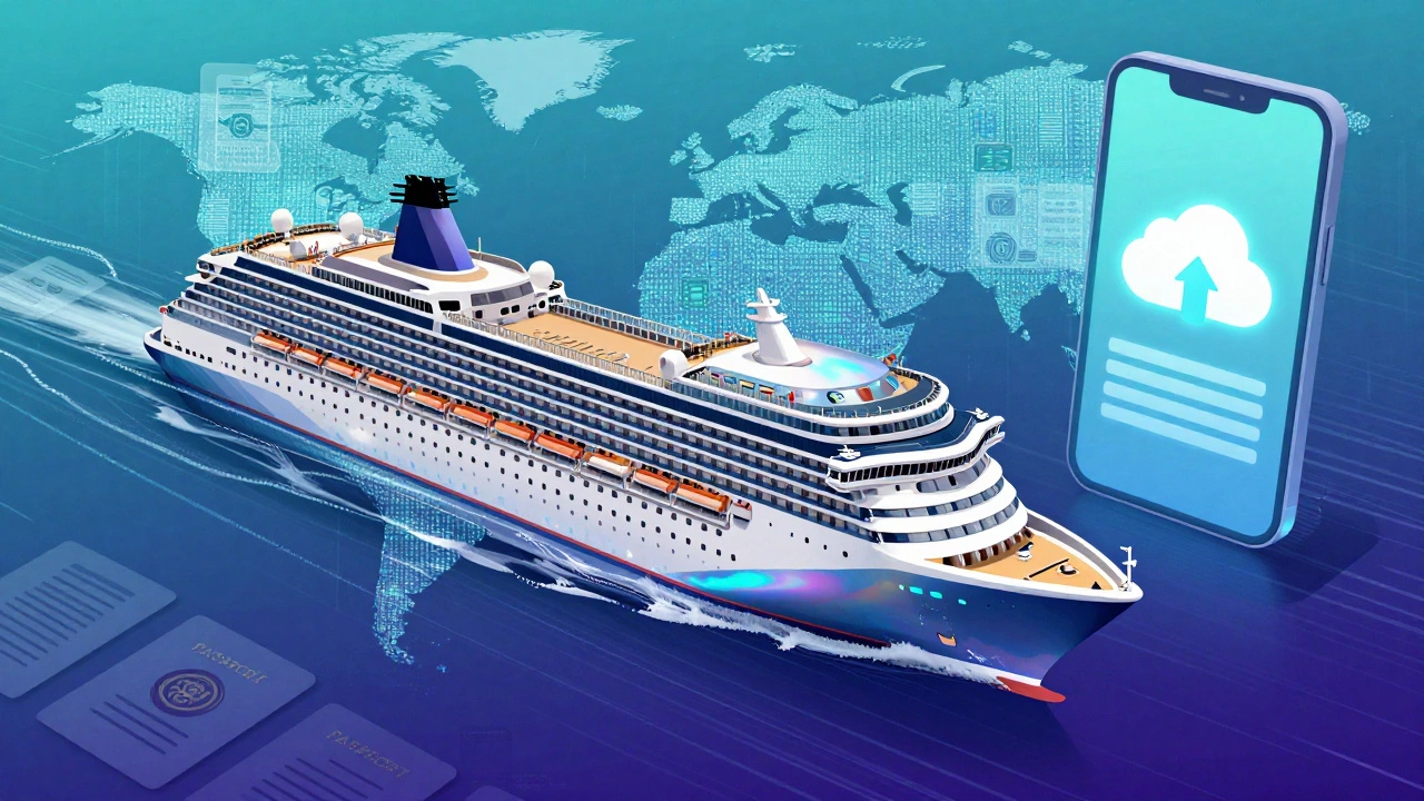 Концептуальное изображение лайнера и цифровых копий документов в облачном хранилище