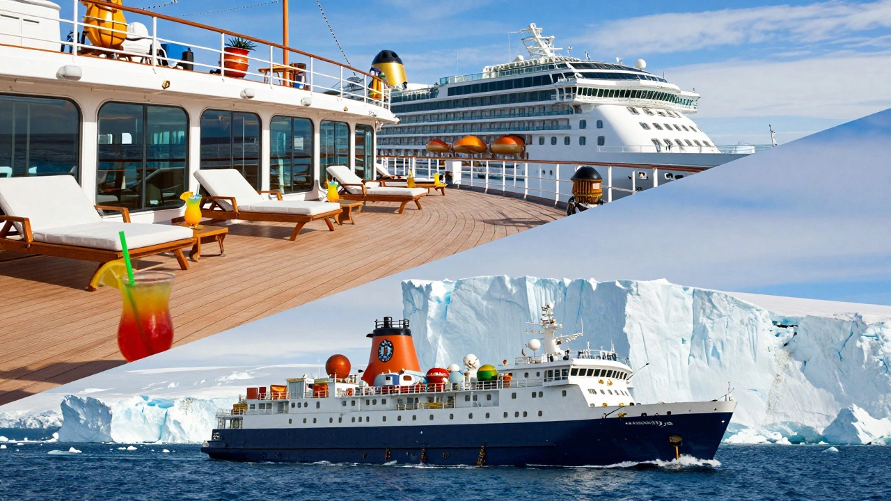 Контраст между огромным лайнером в тепле и экспедиционным судном в Антарктиде