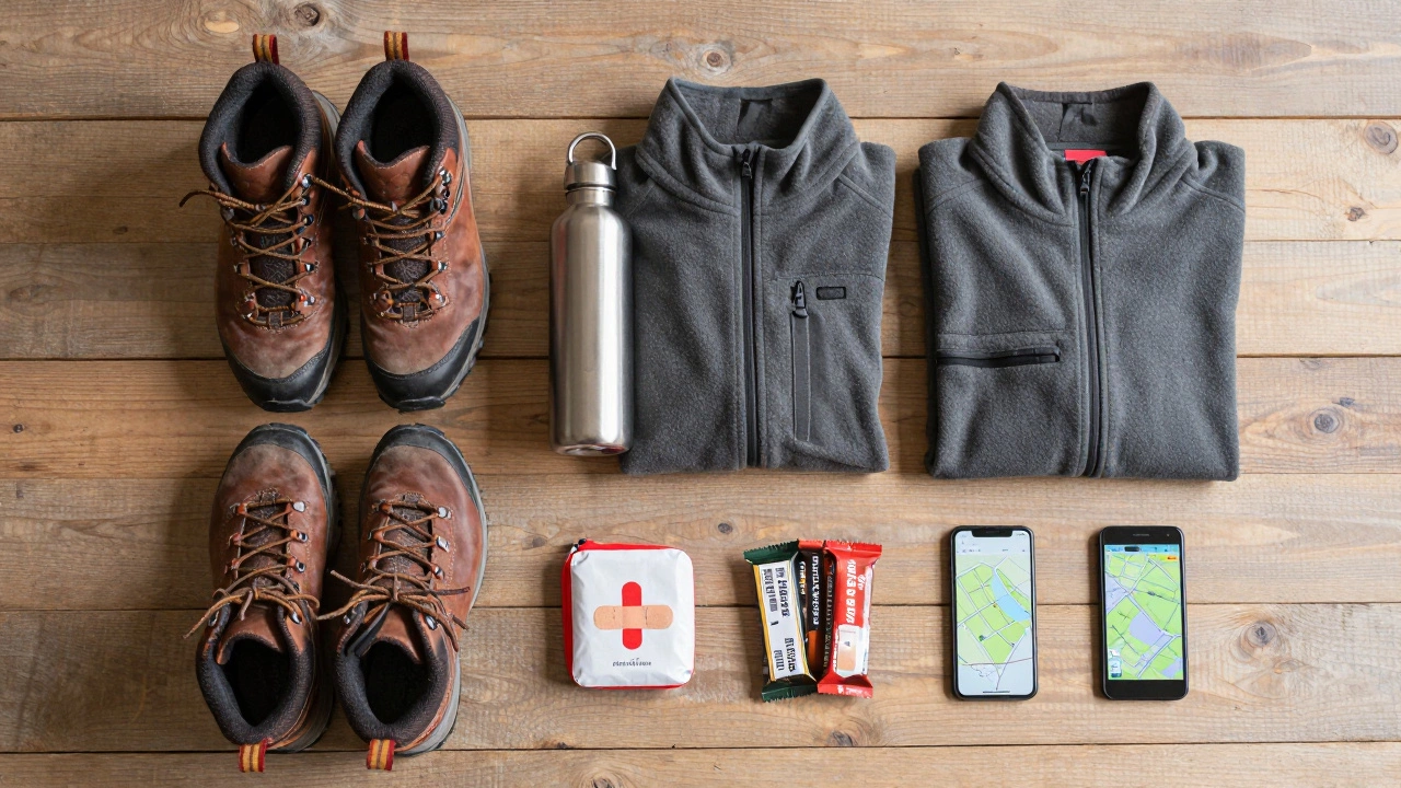 Набор снаряжения для однодневного похода: ботинки, вода, аптечка и карта