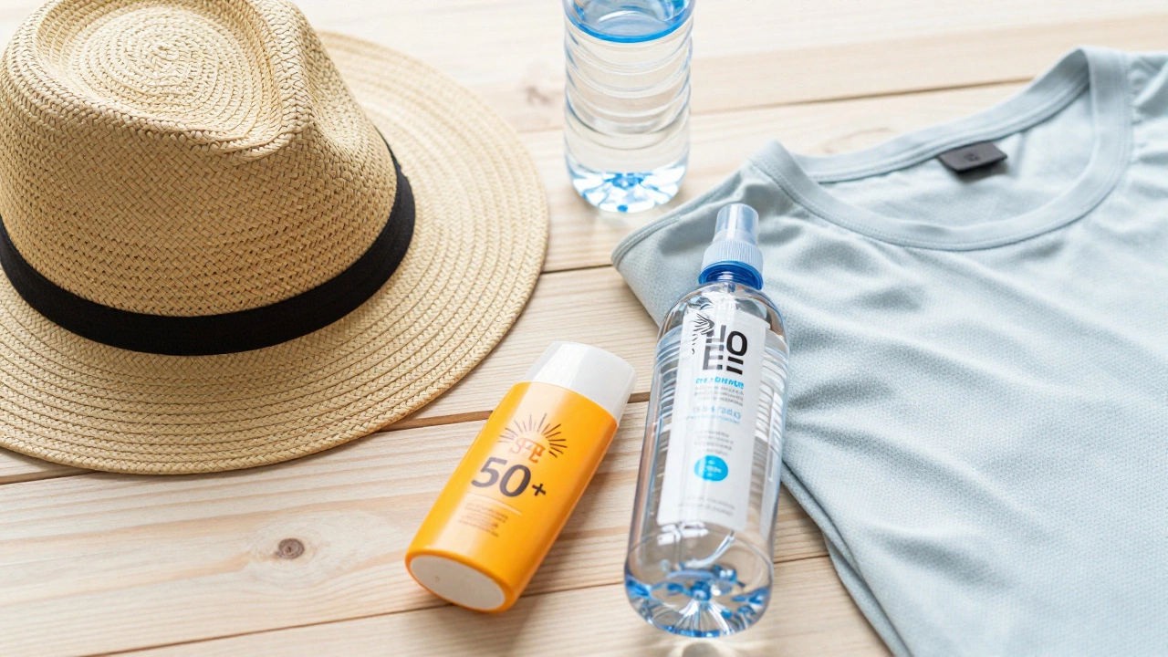 Набор вещей для поездки в тропики: шляпа, солнцезащитный крем, репеллент и вода