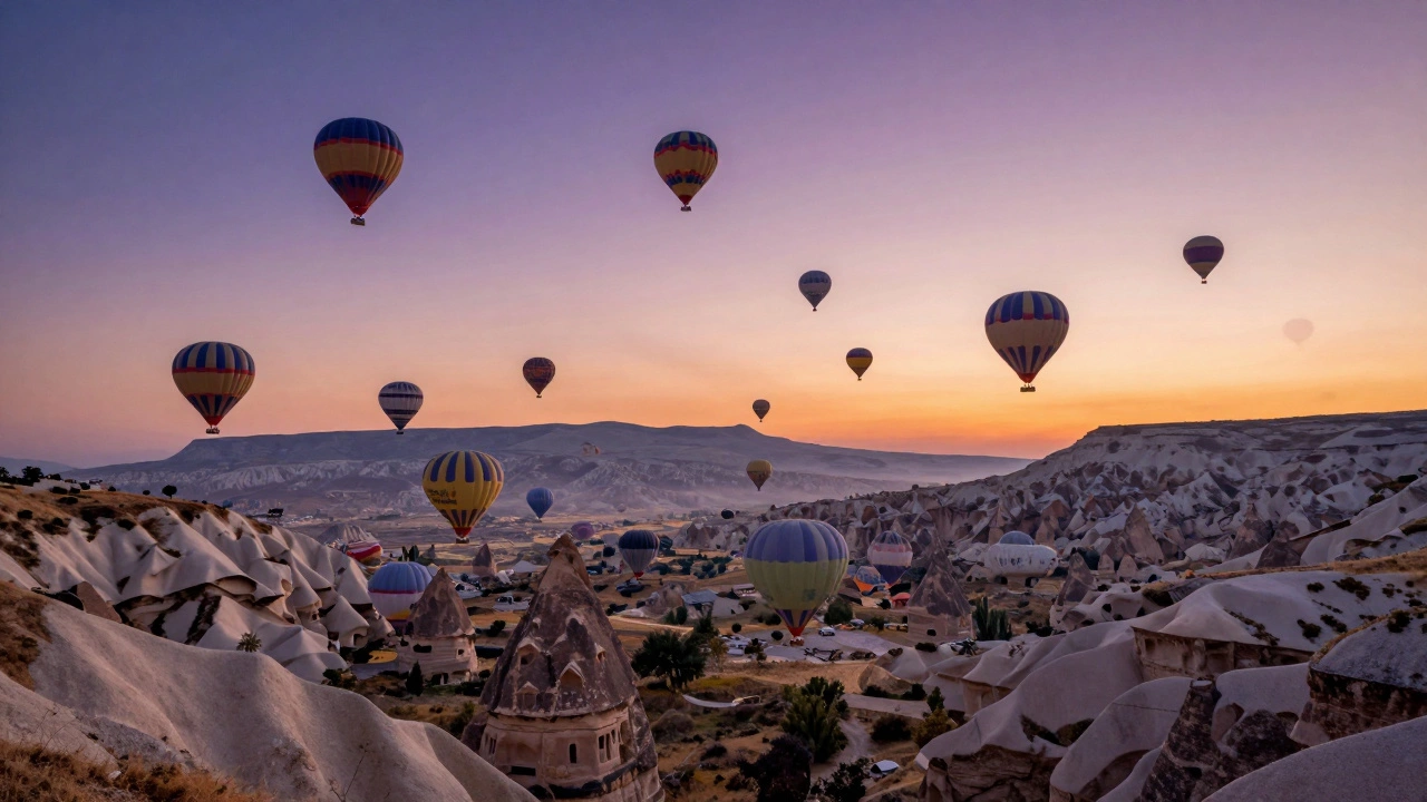 Разноцветные воздушные шары над ландшафтом Каппадокии на рассвете