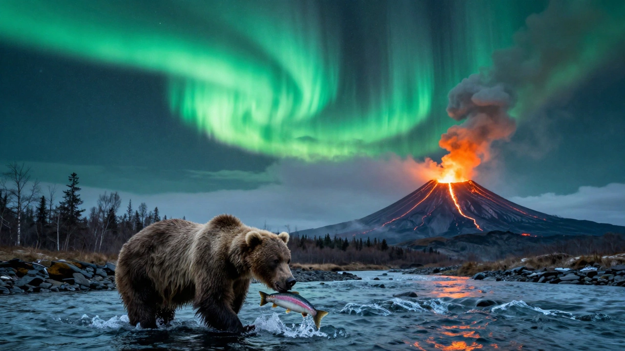 Северное сияние в Териберке и вулкан с медведем на Камчатке