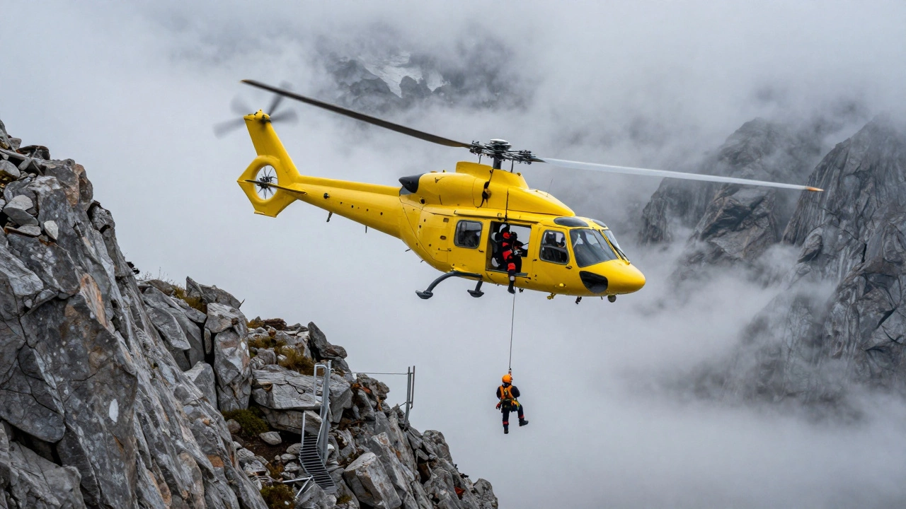 Спасательный вертолет эвакуирует человека с высокогорного обрыва