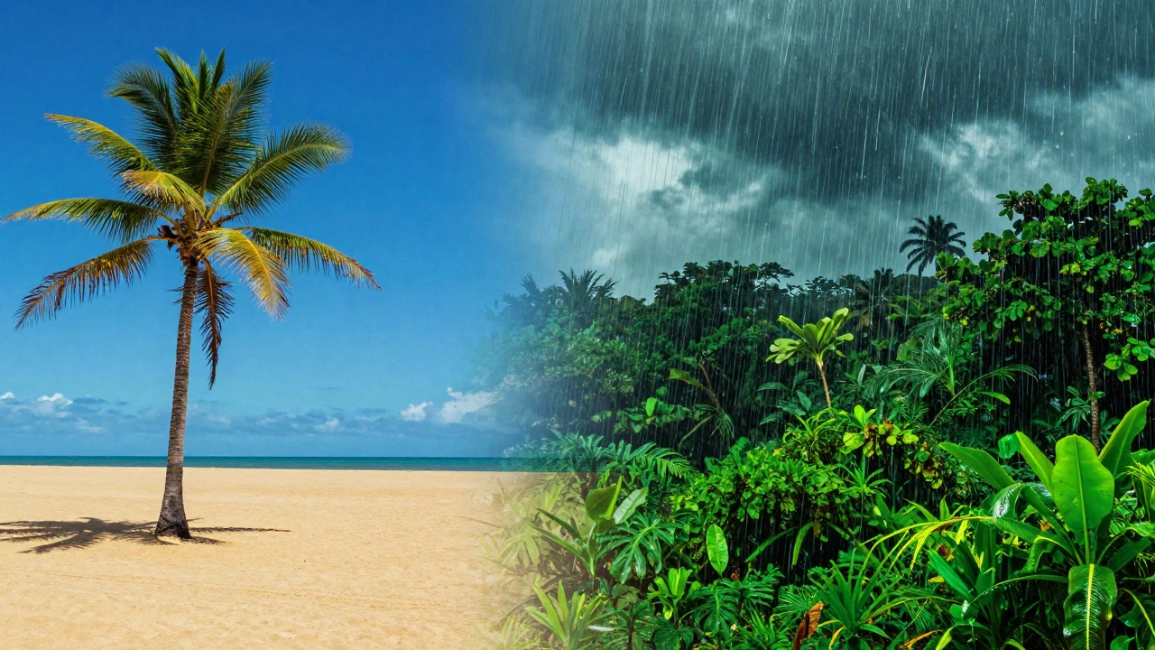 Сравнение сухого сезона с ярким солнцем и сезона дождей с бурными ливнями в тропиках