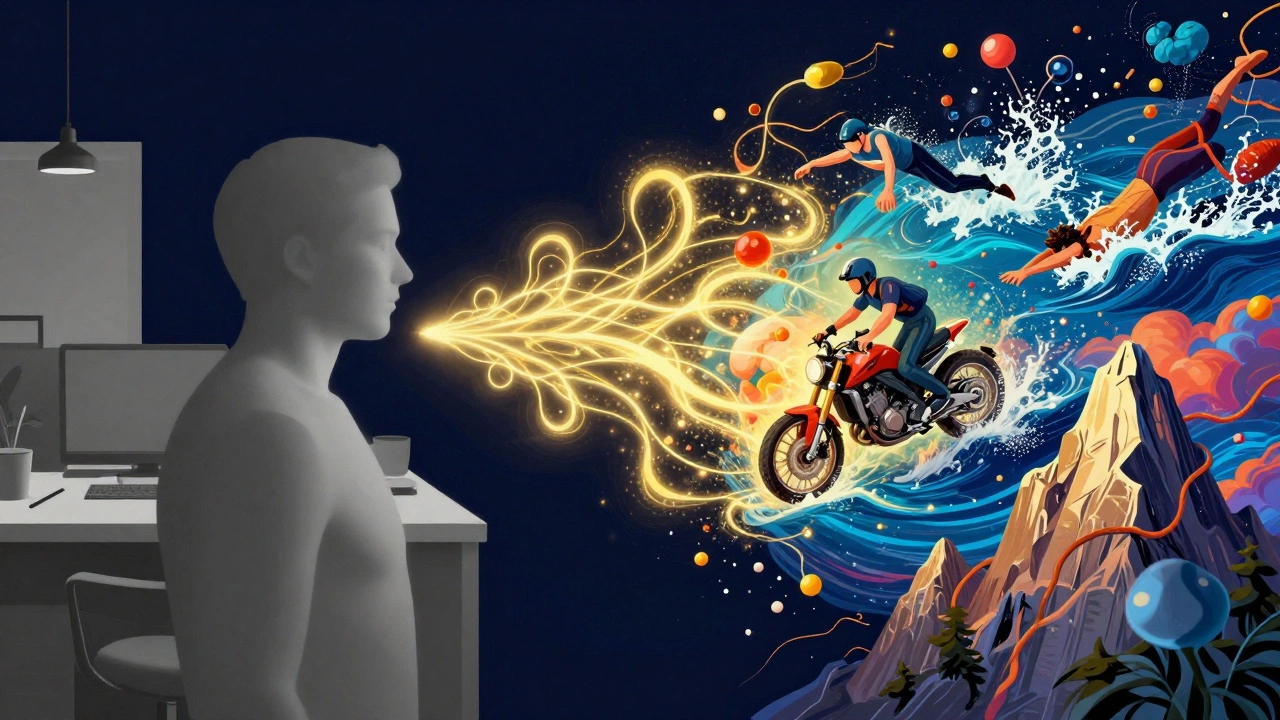 Сюрреалистичное изображение перехода от офисной рутины к экстремальным хобби