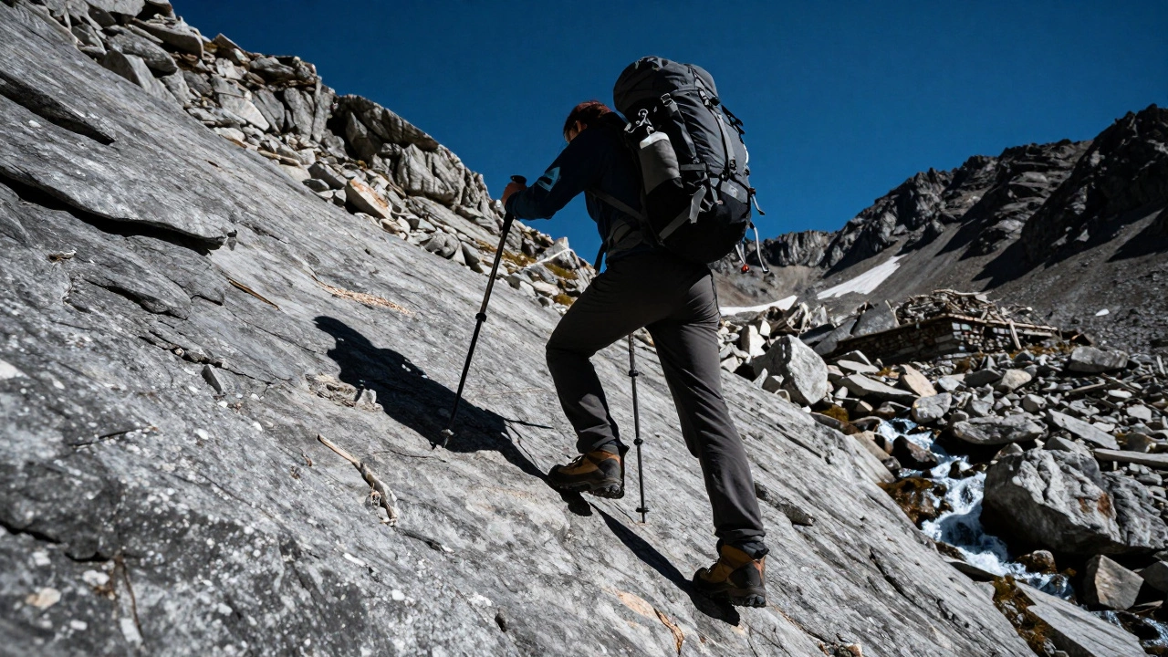 Треккер с палками преодолевает сложный каменистый склон в горах