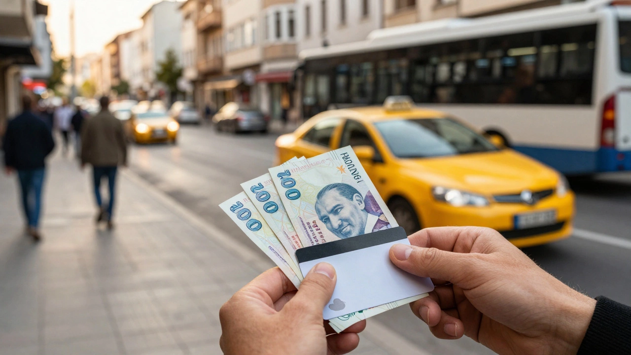 Турецкие лиры и транспортная карта на фоне оживленной улицы Антальи