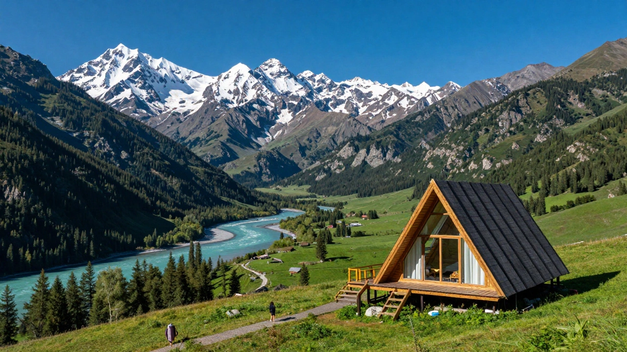 Уютный A-frame домик на фоне величественных гор и бирюзовой реки Алтая