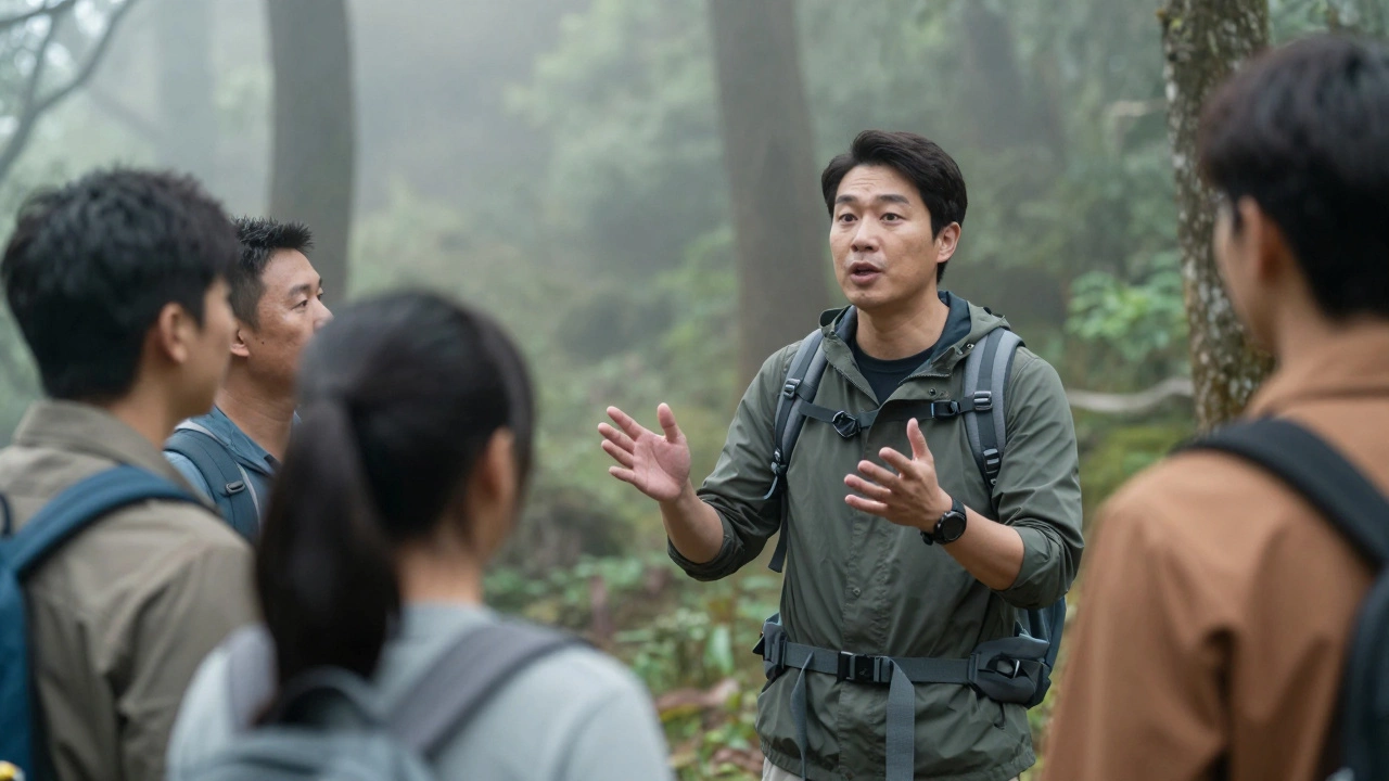 Гид делает паузу во время рассказа группе туристов в горном лесу