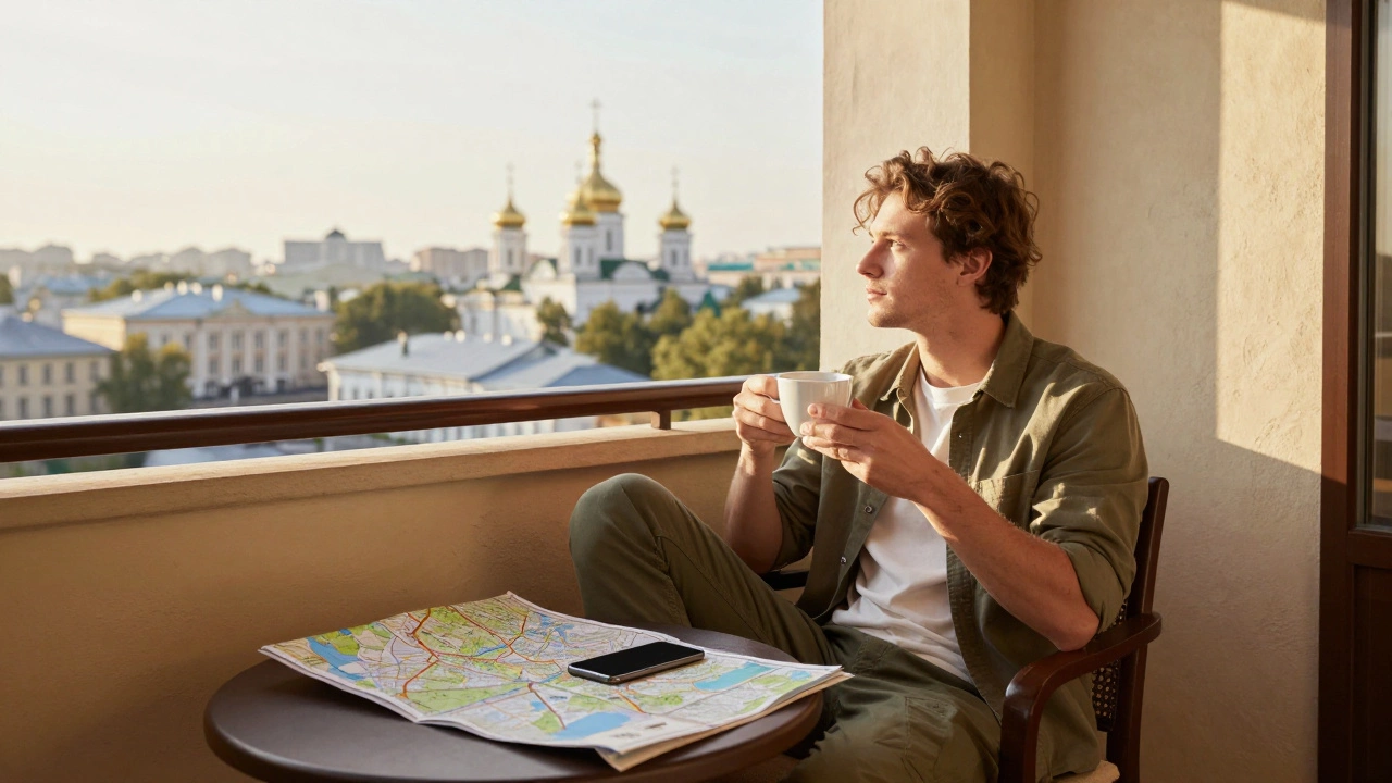 Путешественник отдыхает на балконе отеля с видом на город