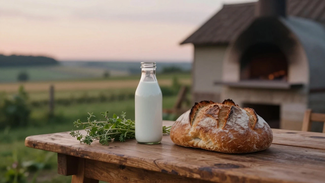 Свежий хлеб и фермерские продукты на деревянном столе в сельской усадьбе