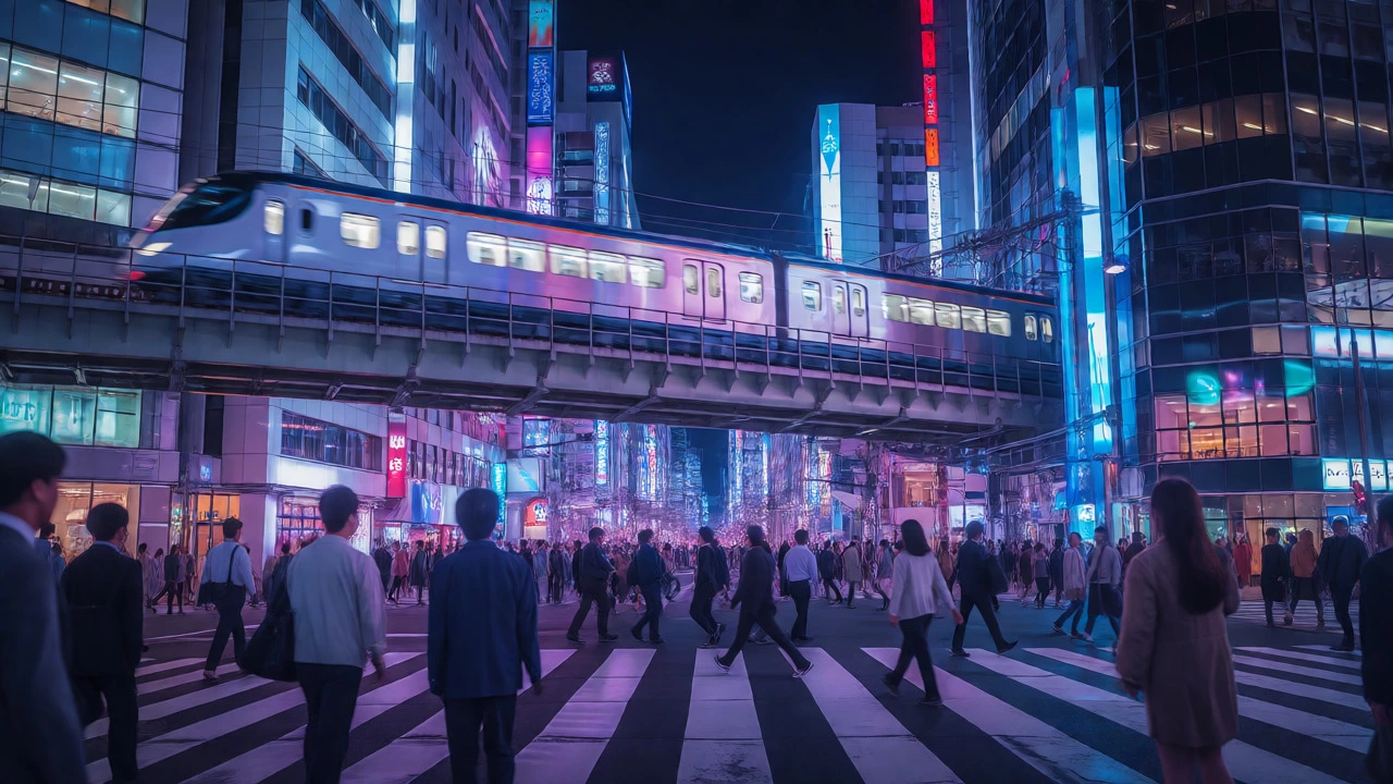 Tokyo Shinjuku night scene with neon lights and trains